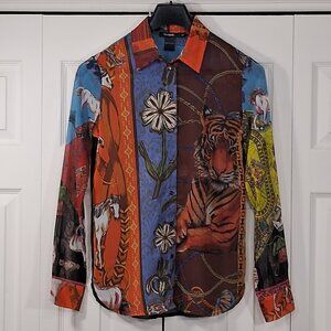 Desigual multicolored patchwork shirt – tiger, flower, and horse print